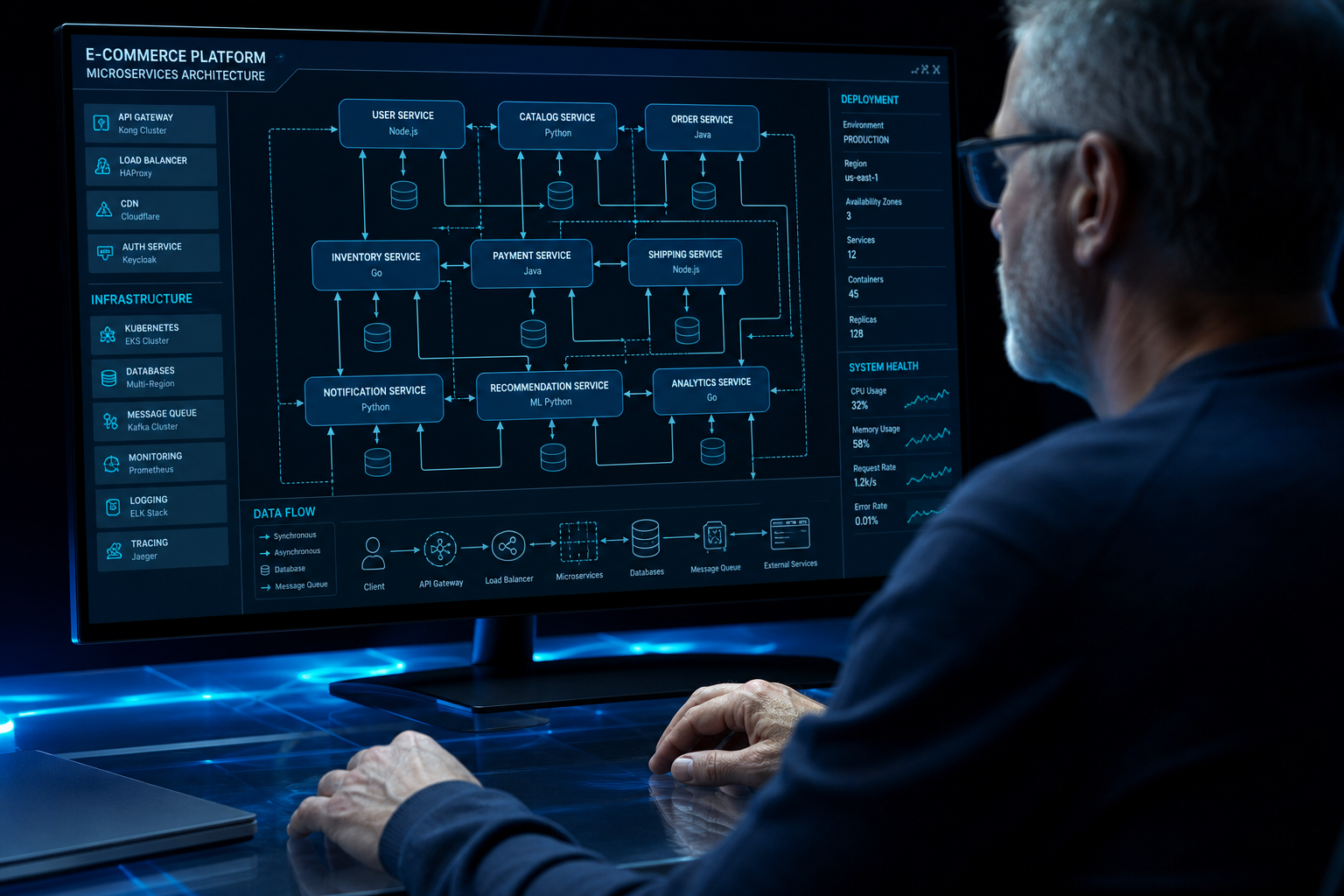 HELPATH working environment — senior engineer reviewing system architecture diagrams with refracted studio lighting