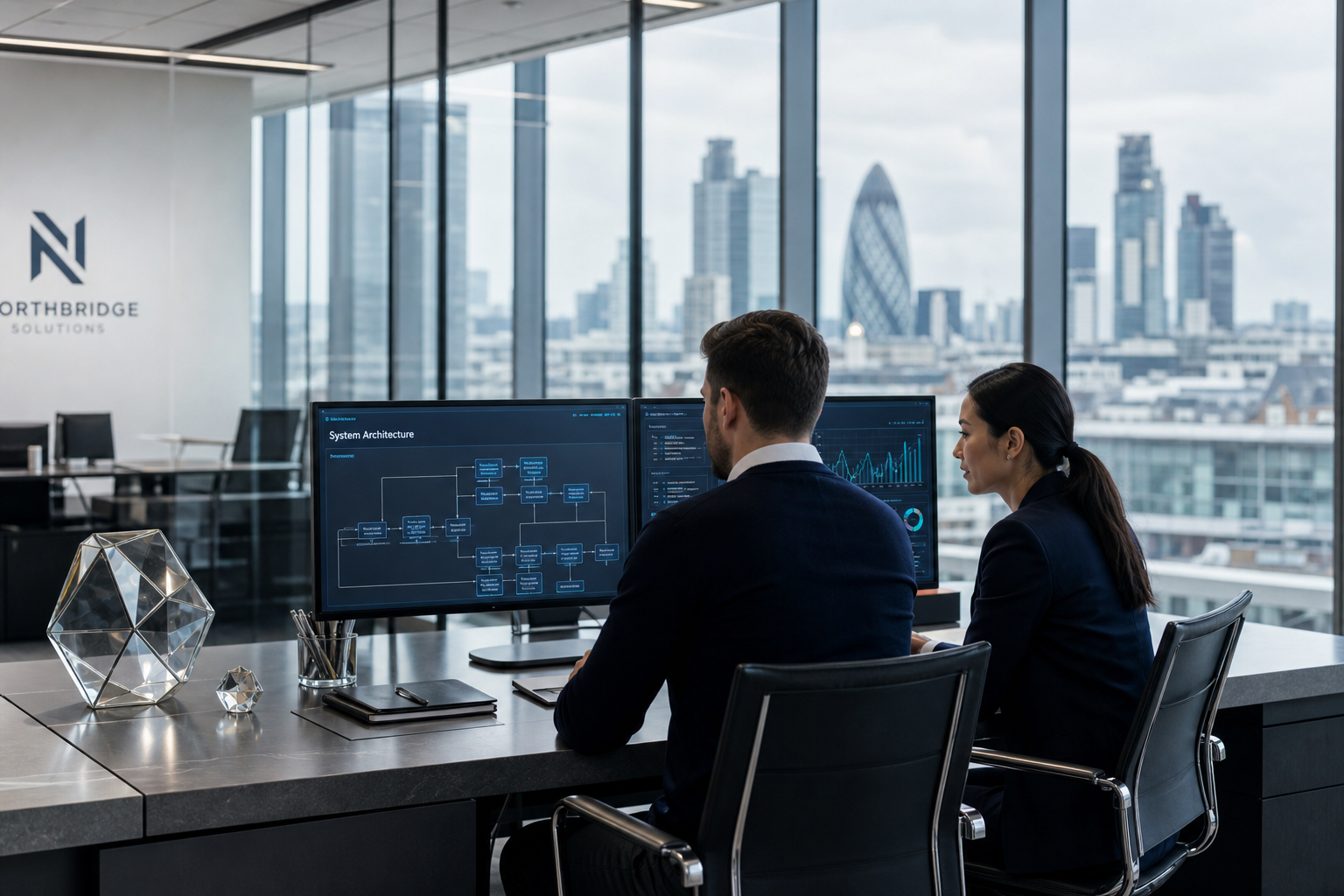HELPATH LTD team environment — refined technology workspace with crystal-clear screens and precision engineering atmosphere