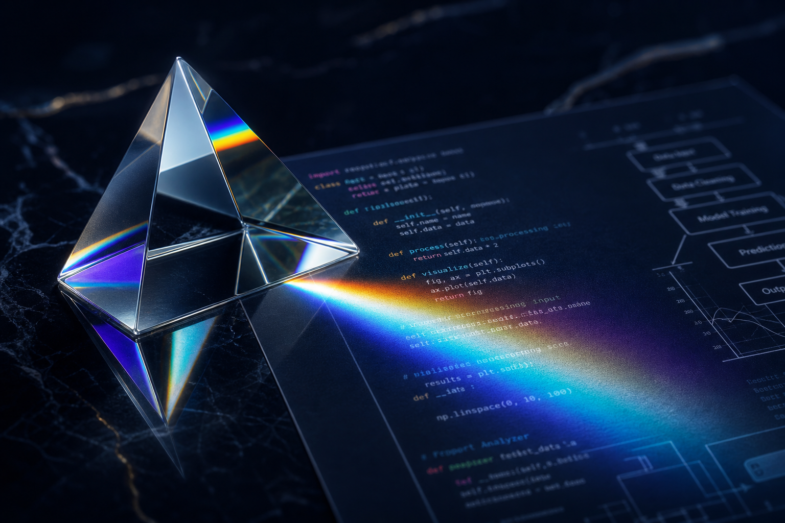 HELPATH detail — precision code review process on high-resolution screen with refracted studio lighting