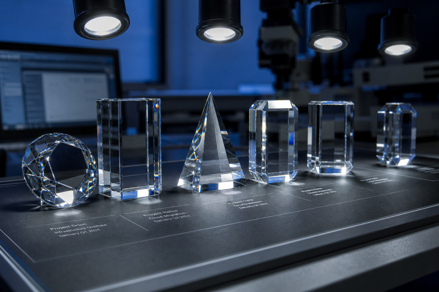 HELPATH portfolio — polished technology outcomes displayed on precision screens with crystal-refracted studio lighting
