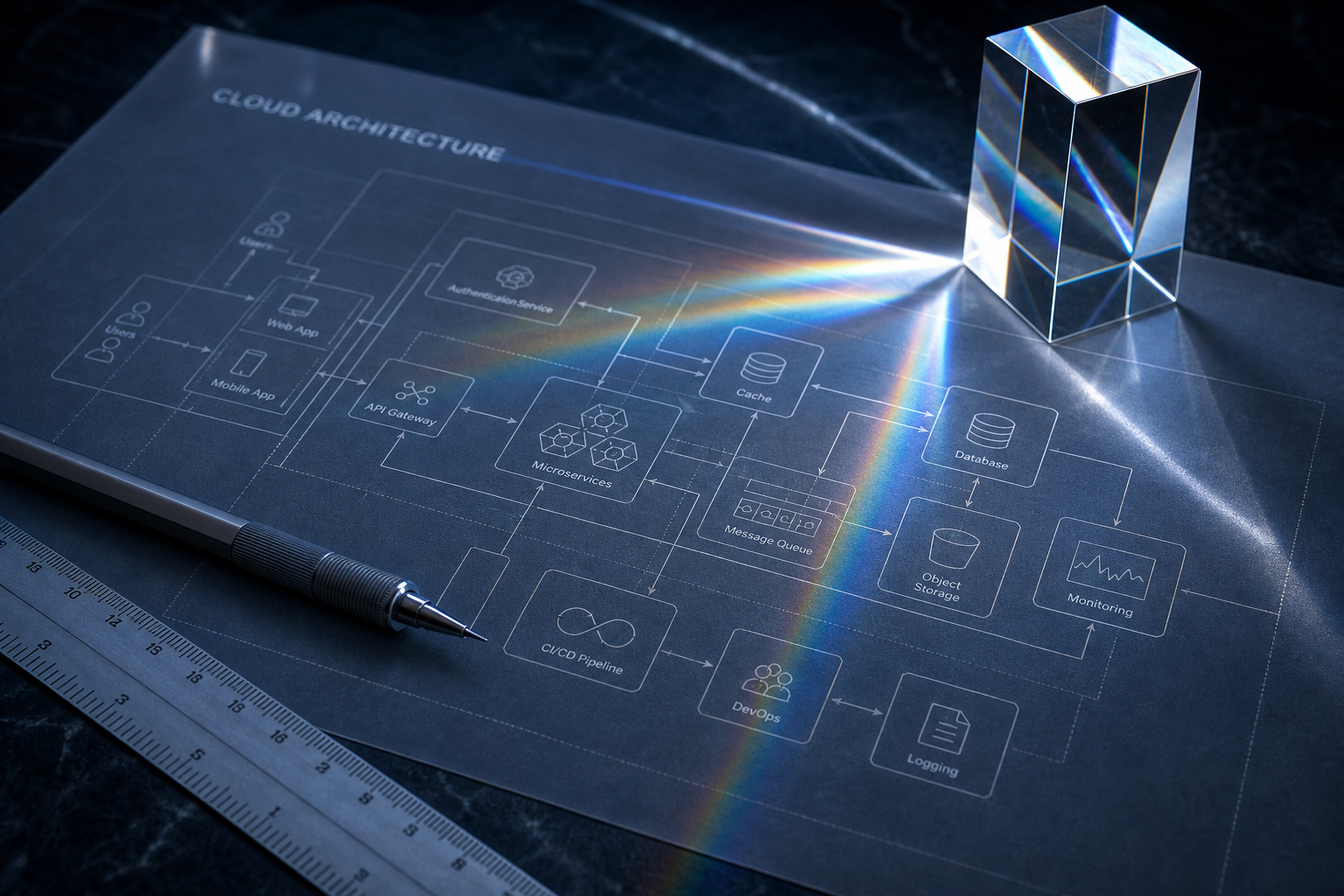 HELPATH precision engineering process — optical glass desk with code diagrams and refraction-lit workspace